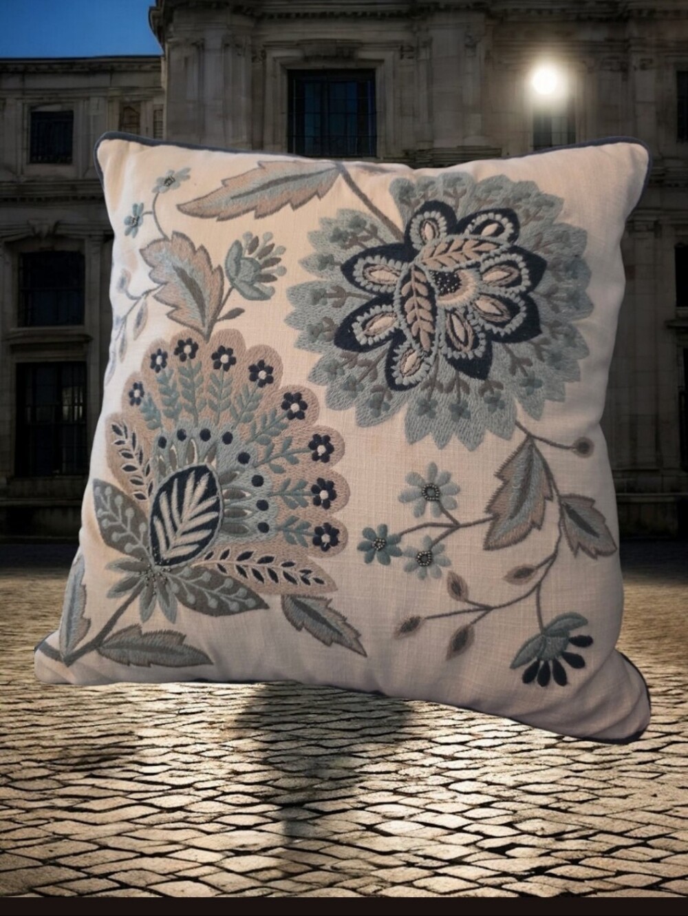 Barely Used Beaded Embroidered Floral Accent Pillow in Light Blue and Oatmeal